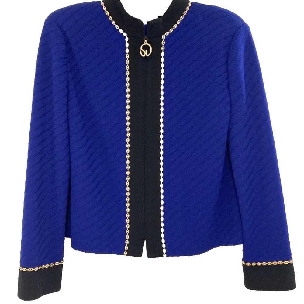 St. John Royal Blue and Black Chain-Trim Zip Front Jacket